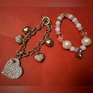 Silver Tone Heart Charm Bracelet Set Charm Bracelet Toggle Closure Beaded Stretc